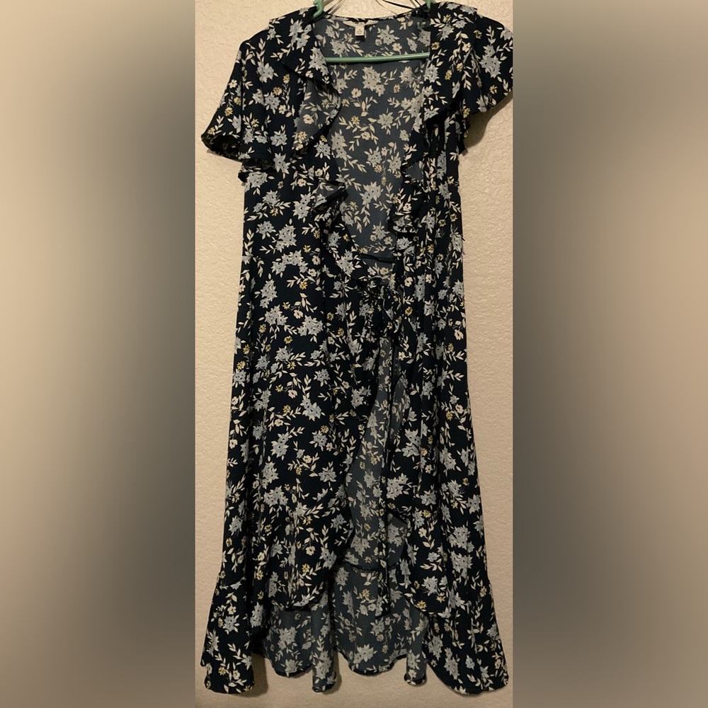 Women’s Navy Floral Wrap Dress with Ruffle Trim